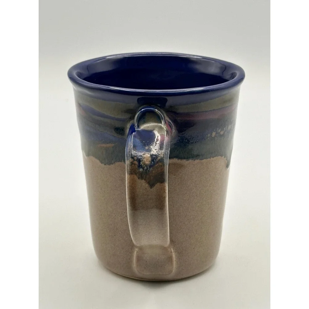 Artist Signed Handmade Studio Pottery Coffee Mug Blue Drip Glaze Stoneware